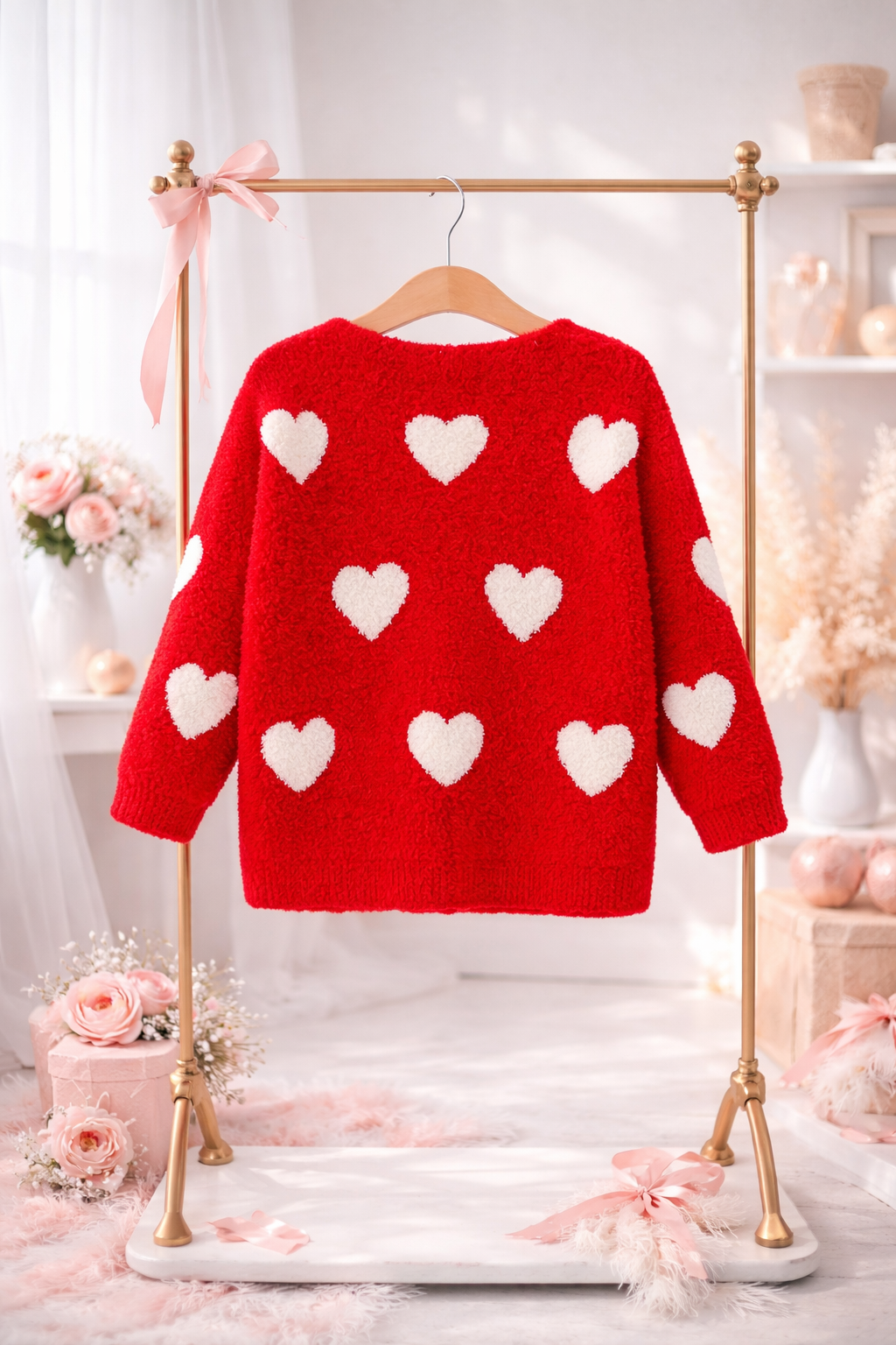 Cozy Hearts Fuzzy Red Knit Cardigan