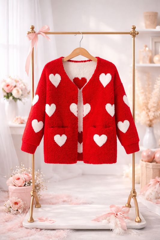 Cozy Hearts Fuzzy Red Knit Cardigan