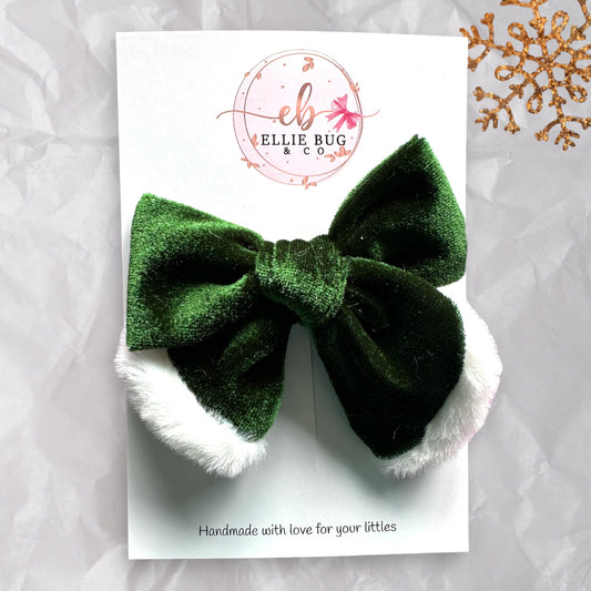 Hunter green velvet bow /faux fur trim