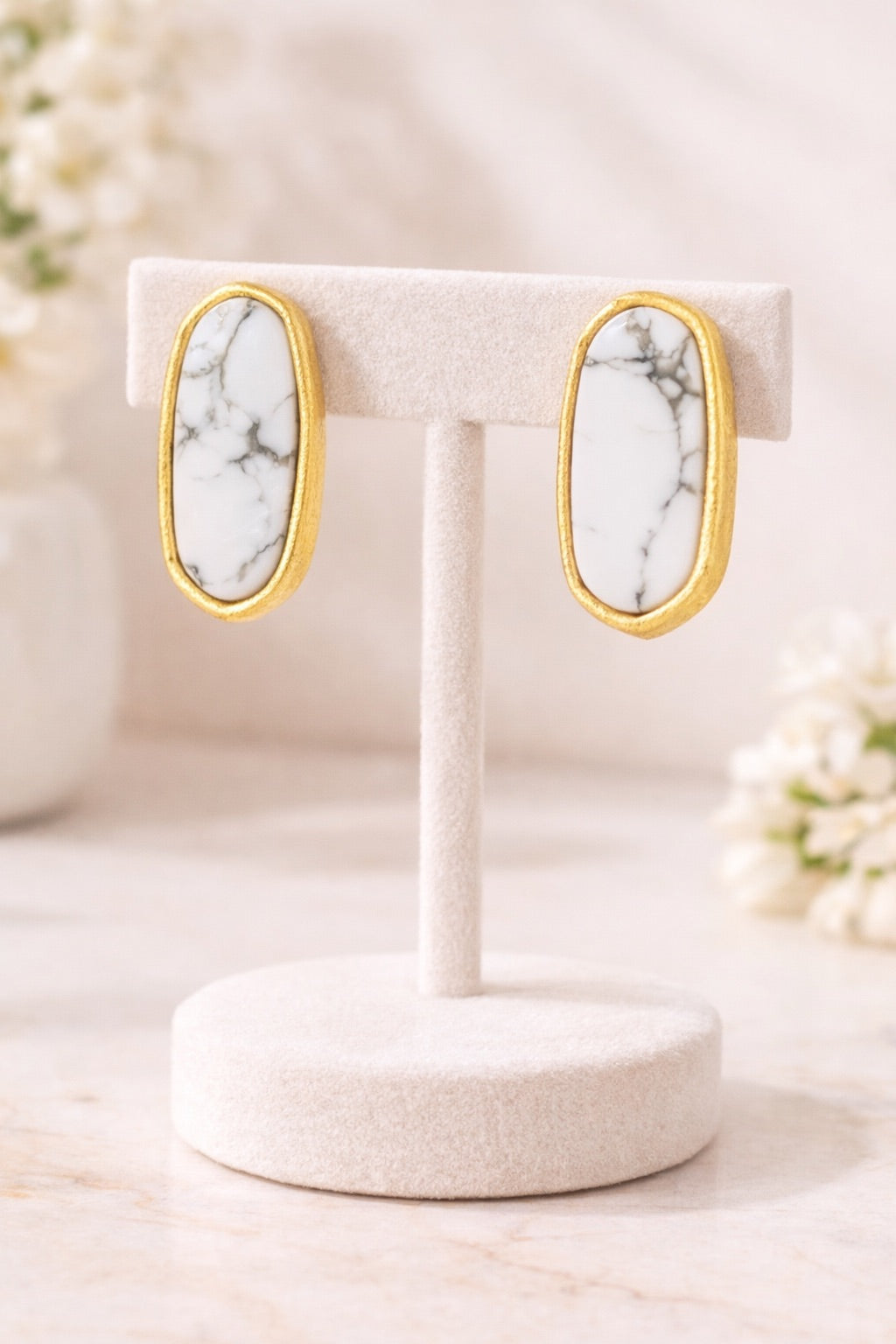 “MK” Natural Stone Bezel Stud Earrings