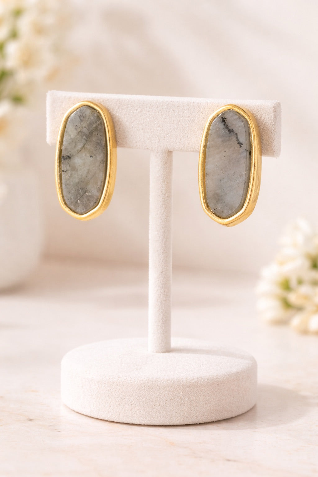 “MK” Natural Stone Bezel Stud Earrings