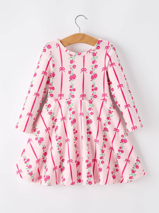 Girls Bow Rose Dress Long Sleeve Twirl Dress: 4